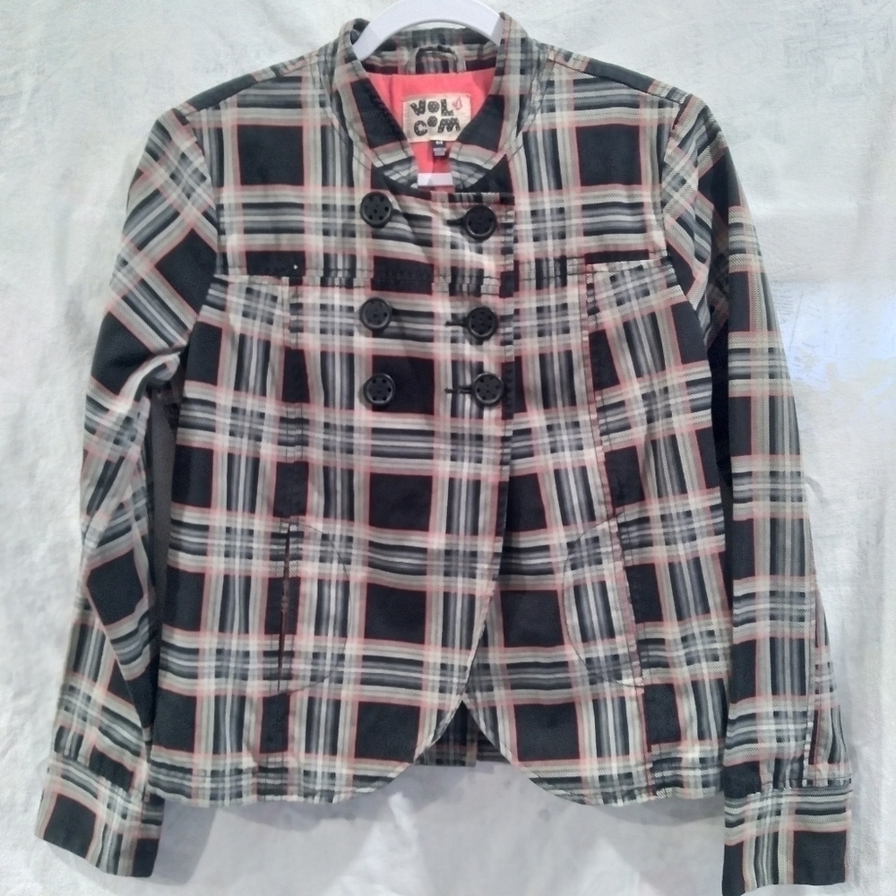 Volcom plaid check double breasted top mock neck military look blazer jacket Med